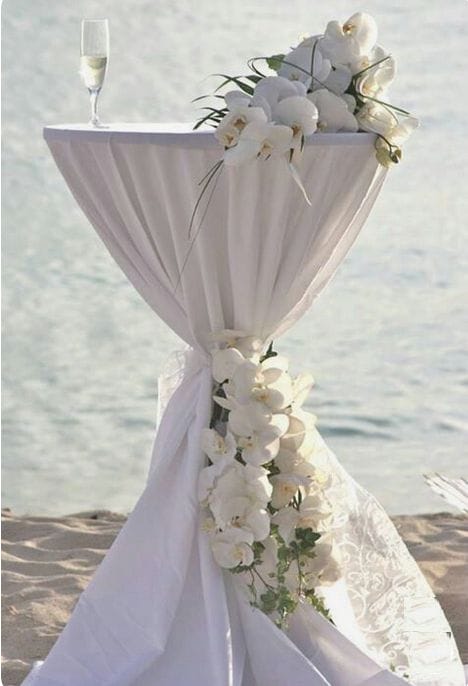 Laurent Cocktail Table With White Tablecloth Set and your choice of sash colour